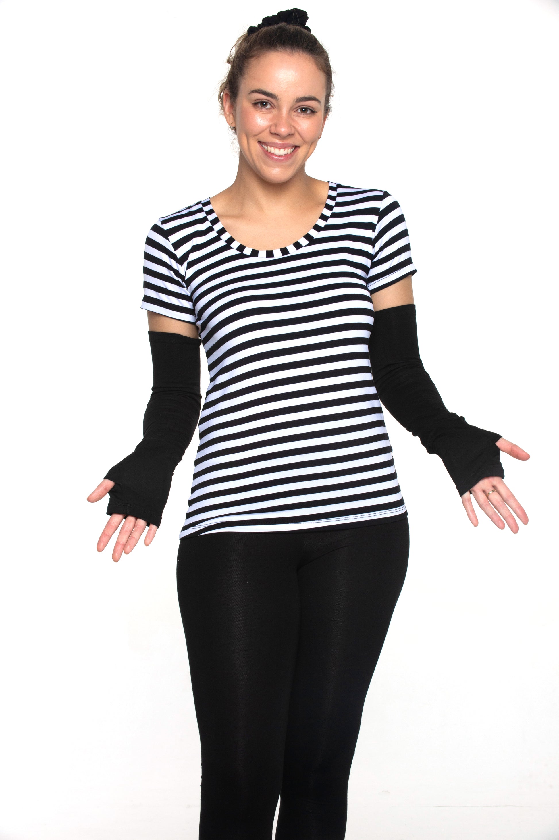 Model wearing arm sleeves