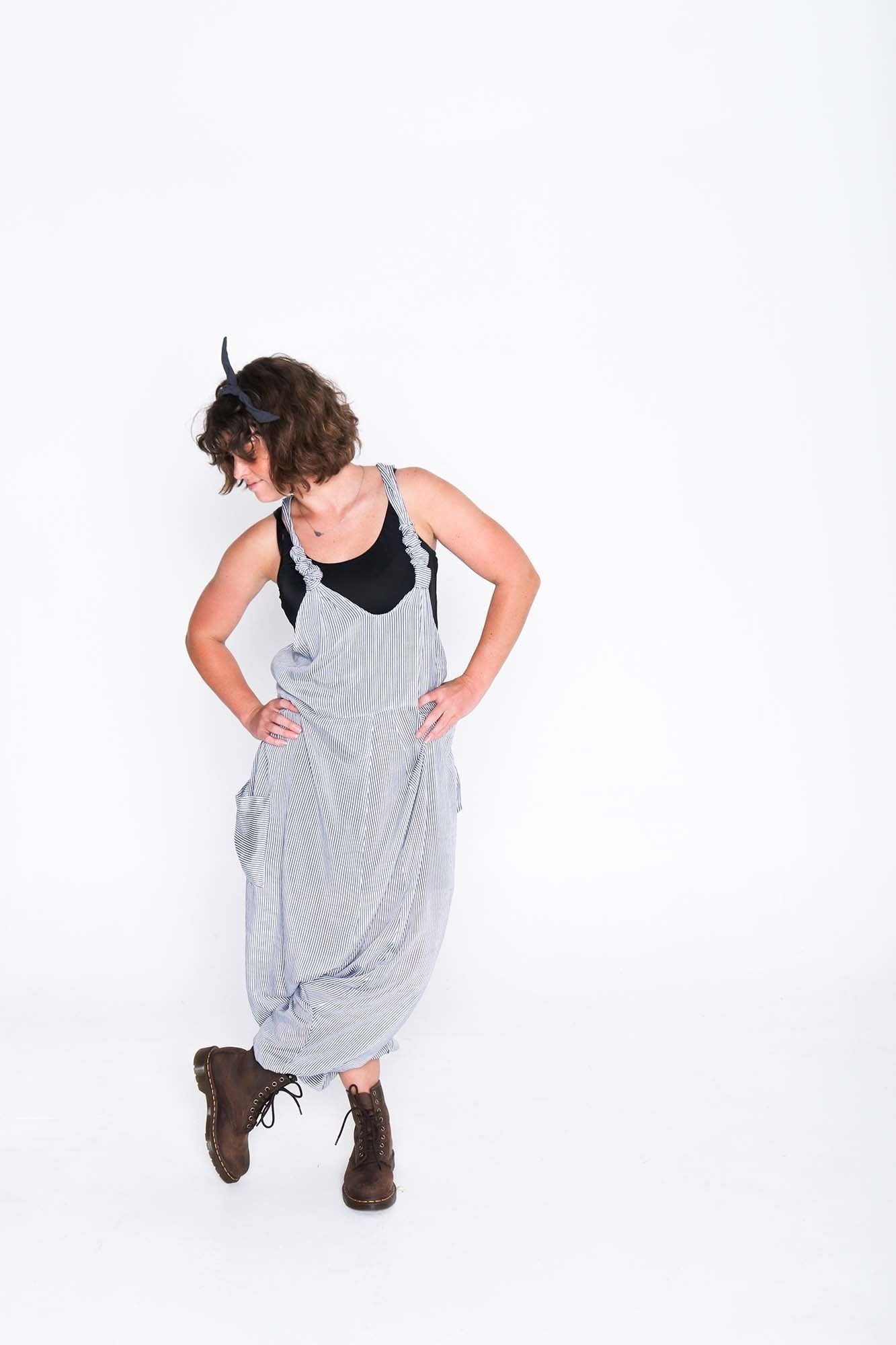 Blue Cotton Stripe Moggie Overalls - Front