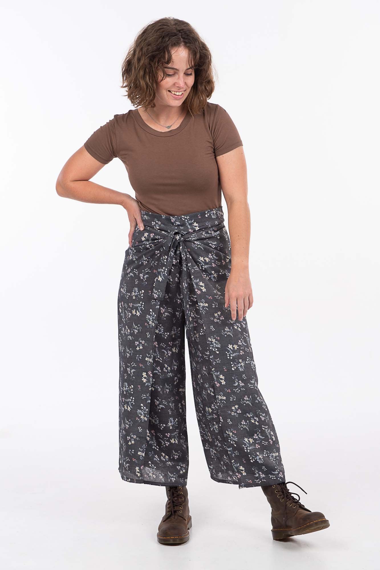 Silver Silk Floral Wrap Pants